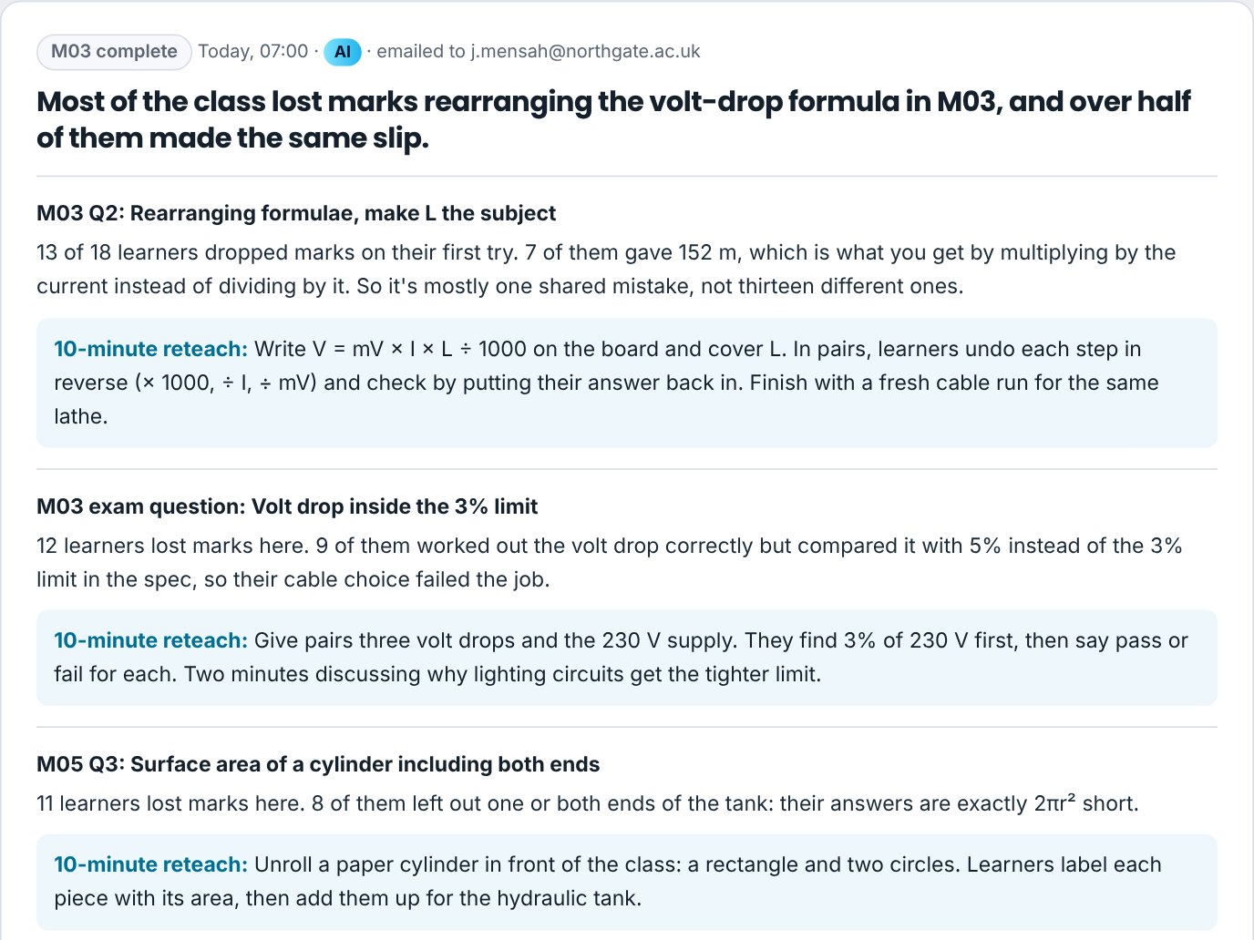An AI note showing where a class lost marks and a reteach activity