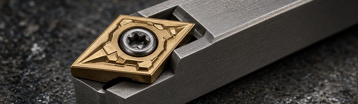 A gold carbide insert clamped into the tip of a steel lathe tool holder